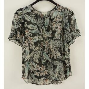 New Status by Chenault Semi-Sheer Ruffle Sleeve Tie Neck Floral Top Womens M